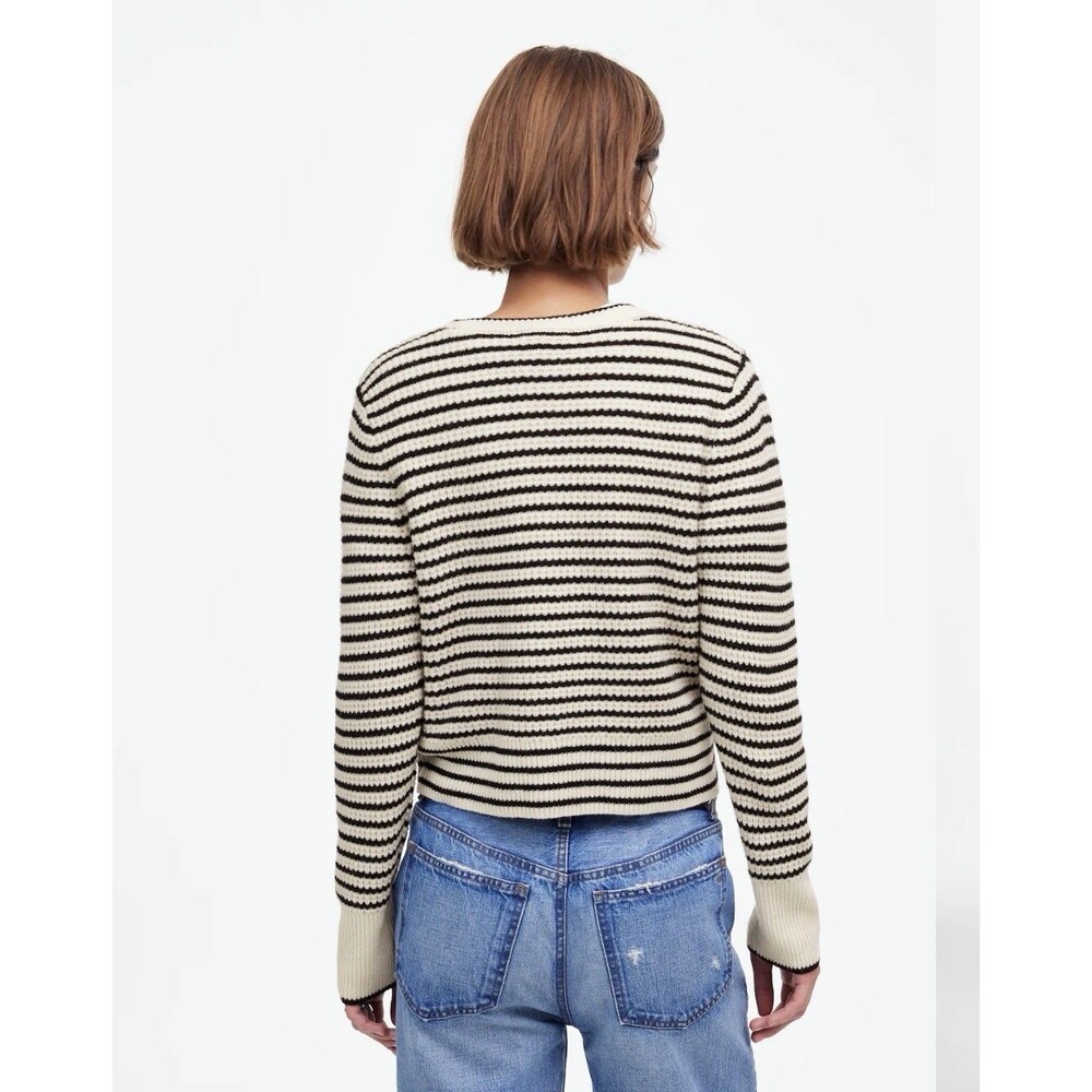 Madewell Waffle-Knit 100% Merino Wool Long Sleev Cardigan in Stripe Black Crm XL - Picture 2 of 9